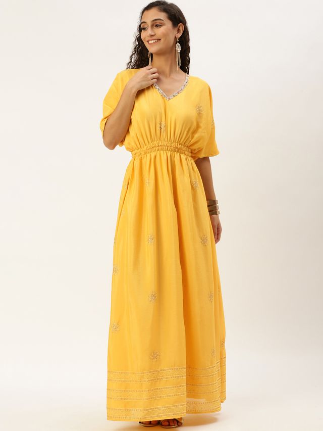 Bollywood Vogue Ready To Wear Yellow Chinon Kaftan Dress