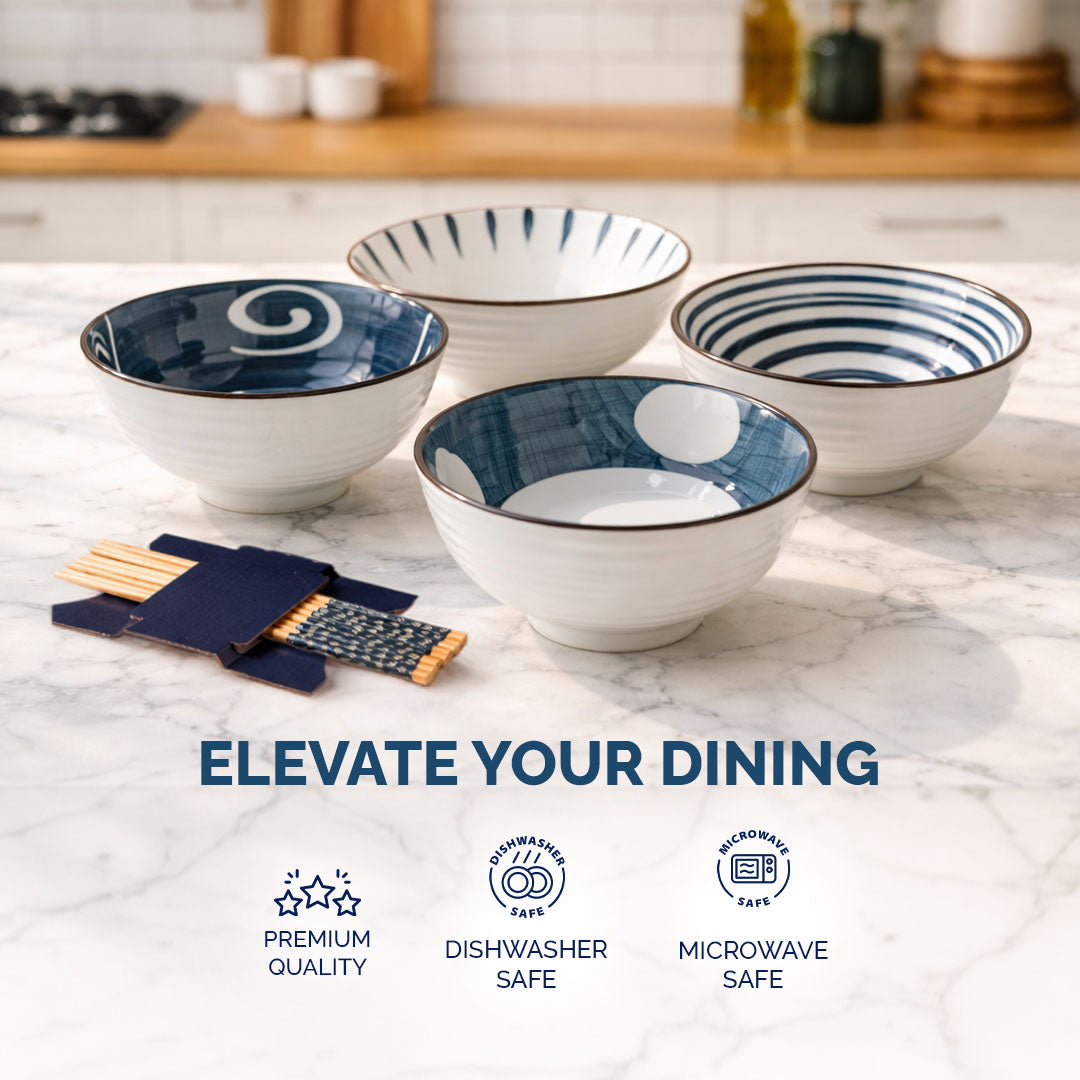 Rioware 300ml Ceramic Bowl Set of 4 with 8 Chopsticks | 11.3 cm Snack & Rice Bowls | Microwave & Dishwasher Safe | BPA & Lead-Free | Ideal for Dal, Fruits, Salad & Serving- Ocean Mist