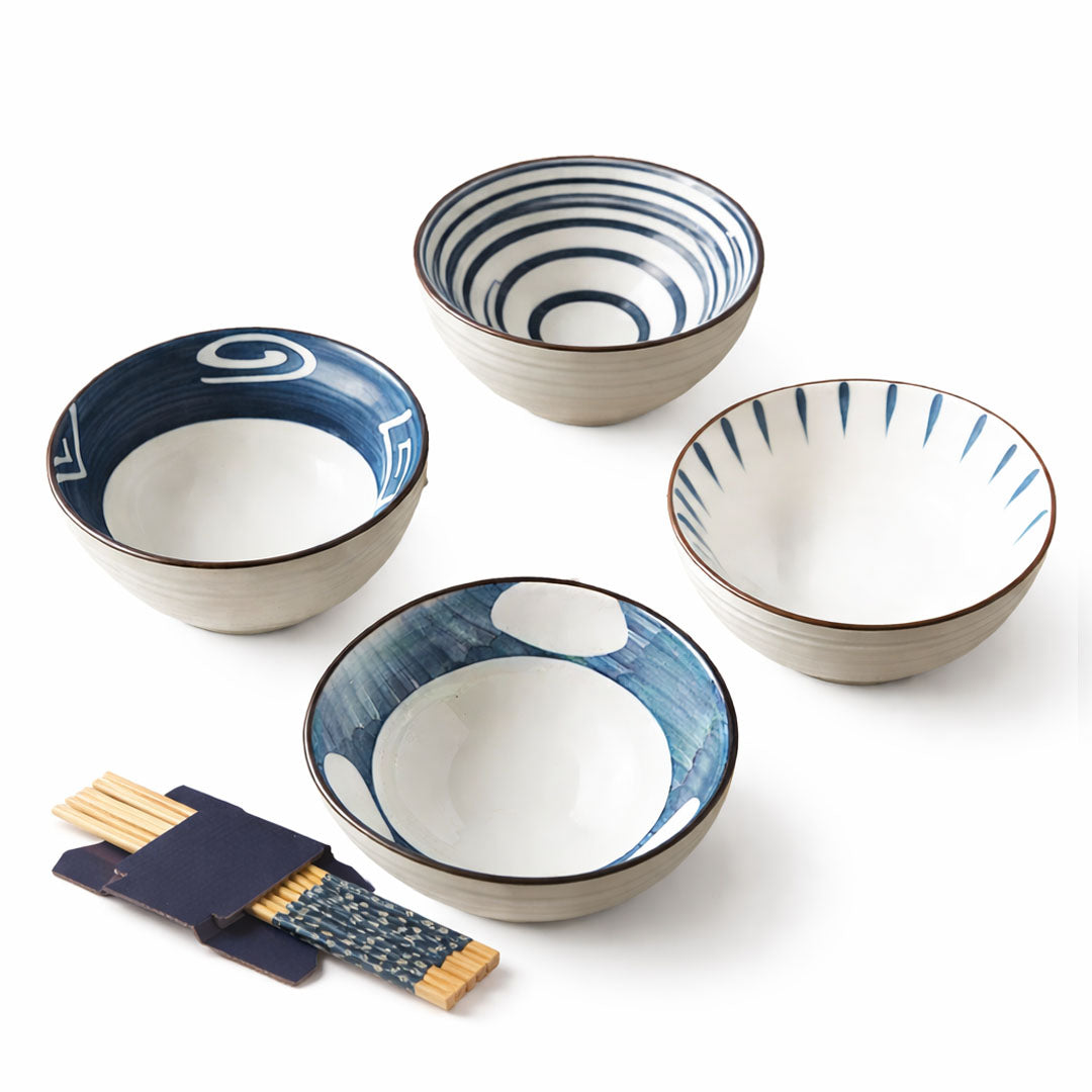 Rioware 300ml Ceramic Bowl Set of 4 with 8 Chopsticks | 11.3 cm Snack & Rice Bowls | Microwave & Dishwasher Safe | BPA & Lead-Free | Ideal for Dal, Fruits, Salad & Serving- Ocean Mist