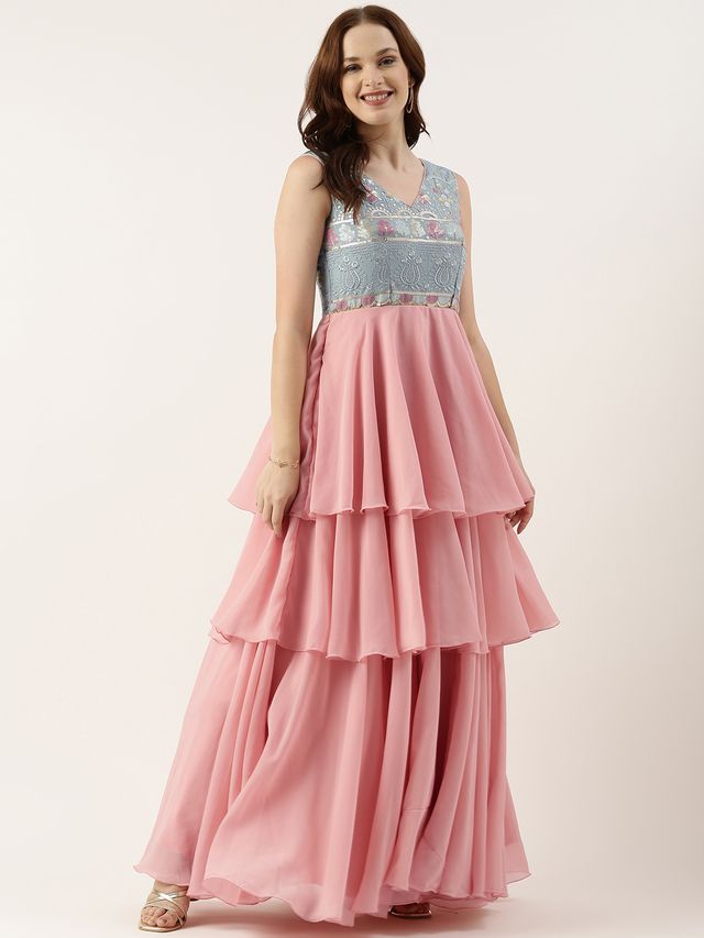 Bollywood Vogue Ready To Wear Blue Georgette Embroidered V Neck Pink Gown