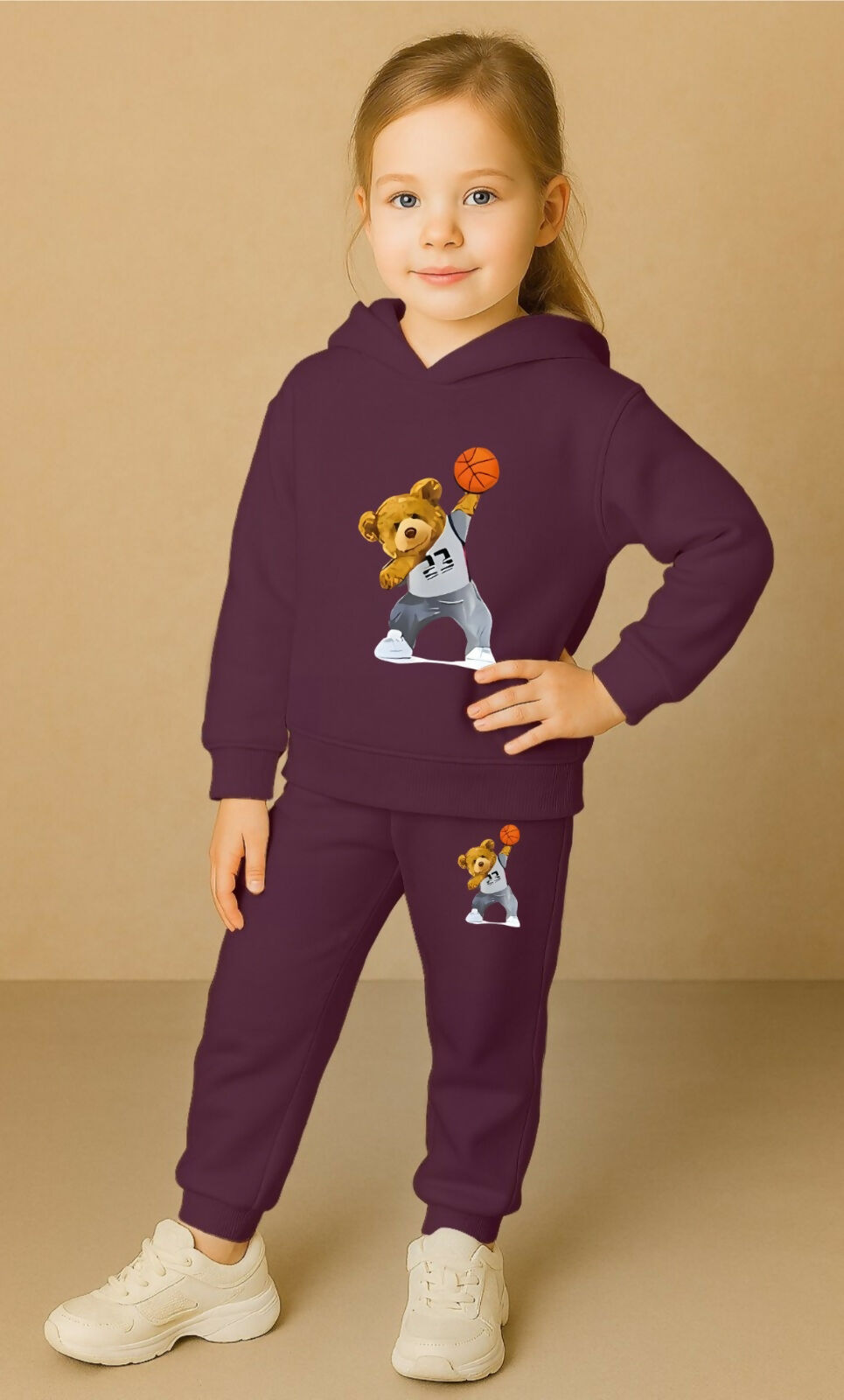 Kids' Maroon Basketball Bear Hoodie & Joggers Winter Set Luck Fashion