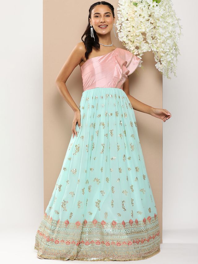 Bollywood Vogue Ready To Wear Pink N Blue Embroidered Georgette Gown