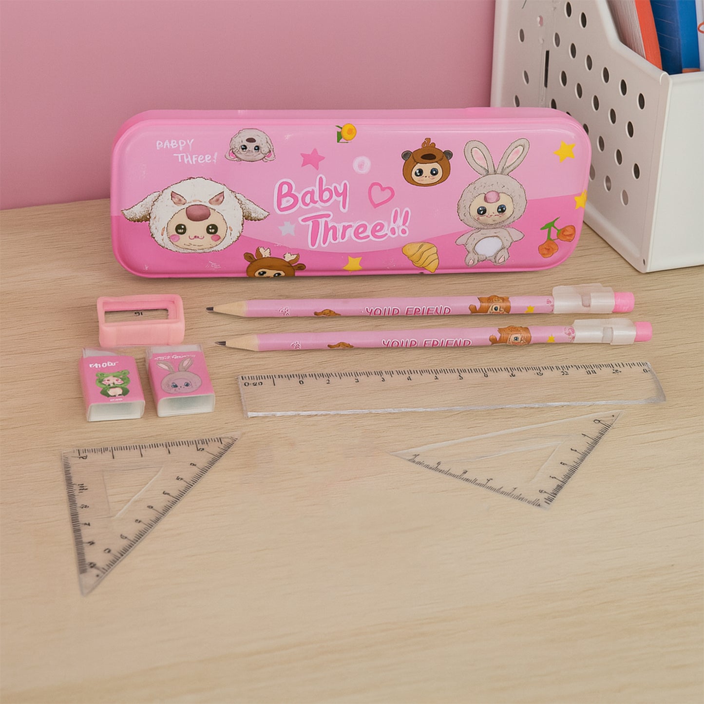 Cartoon Stationery Gift Set for Kids of Includes Metal Pencil Box, 6 Pencils, 2 Erasers, Sharpener, Ruler, 2 Square & More (14 Pc)