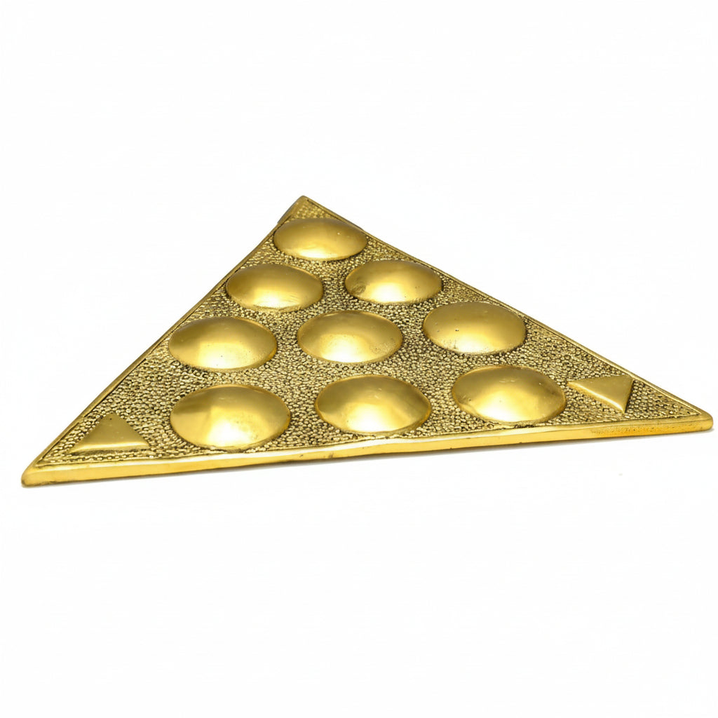 Triangular Maha Vastu Yantra with Sampoorna Navgraha Yantra – Handcrafted White Metal Gold Finish, 8.5 Inch