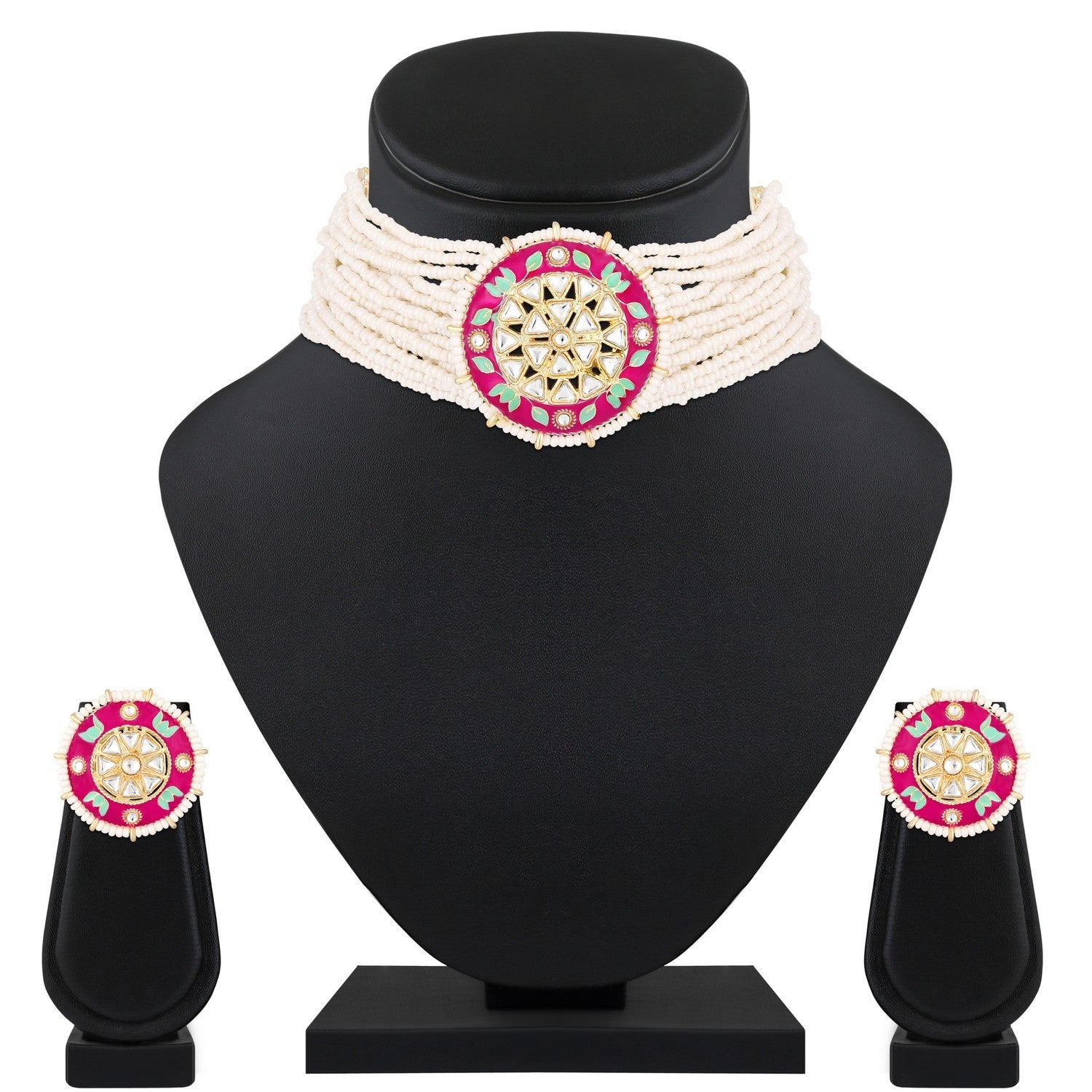 Jazz And Sizzle Gold-Plated Green & Pink Meenakari Work Floral Multistrand Jewellery Set