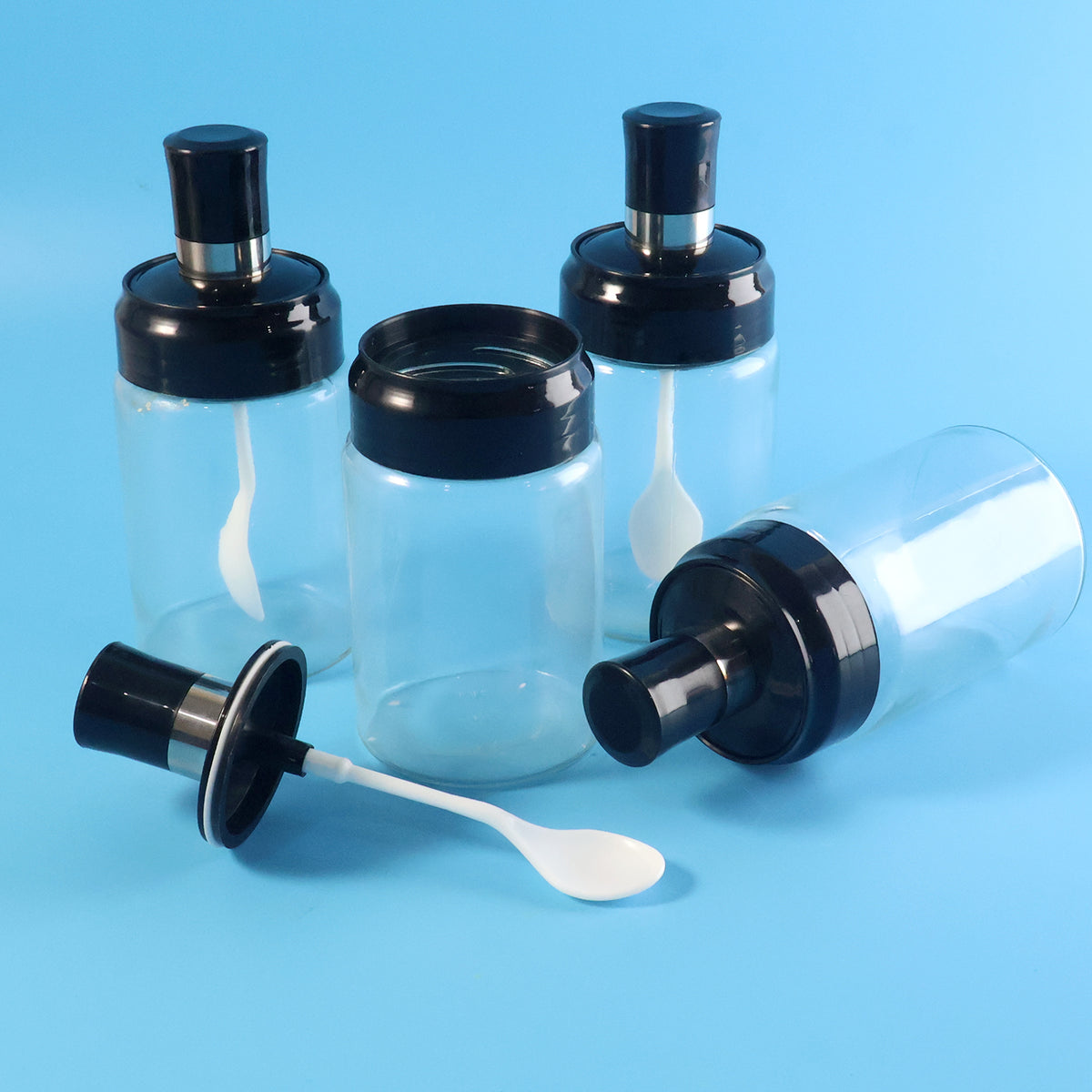 Transparent Spice Jar Set With Spoon Airtight Lid (4 Pc)