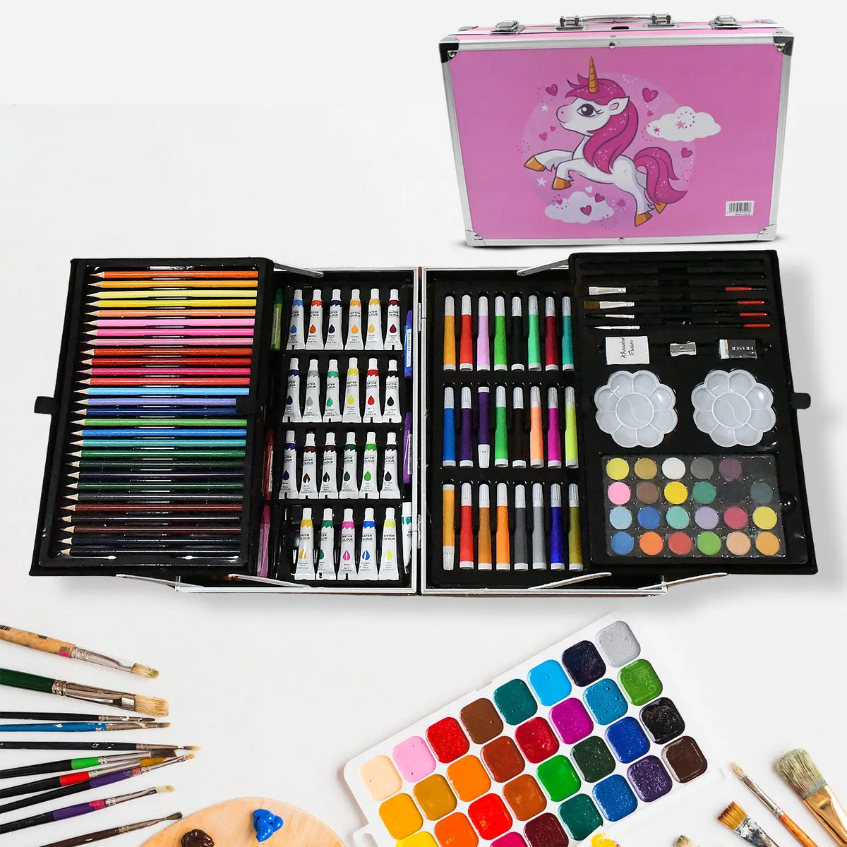 professional Art Set-drawing Painting Sketching Coloring Kids Set All In 1 Art Case Perfect For Kids With Unicorn Design Case Shading Crayons Oil Pastels Color Set Watercolor Cakes Paint Brush Sharpener Eraser (145 Pcs Set) HP DD