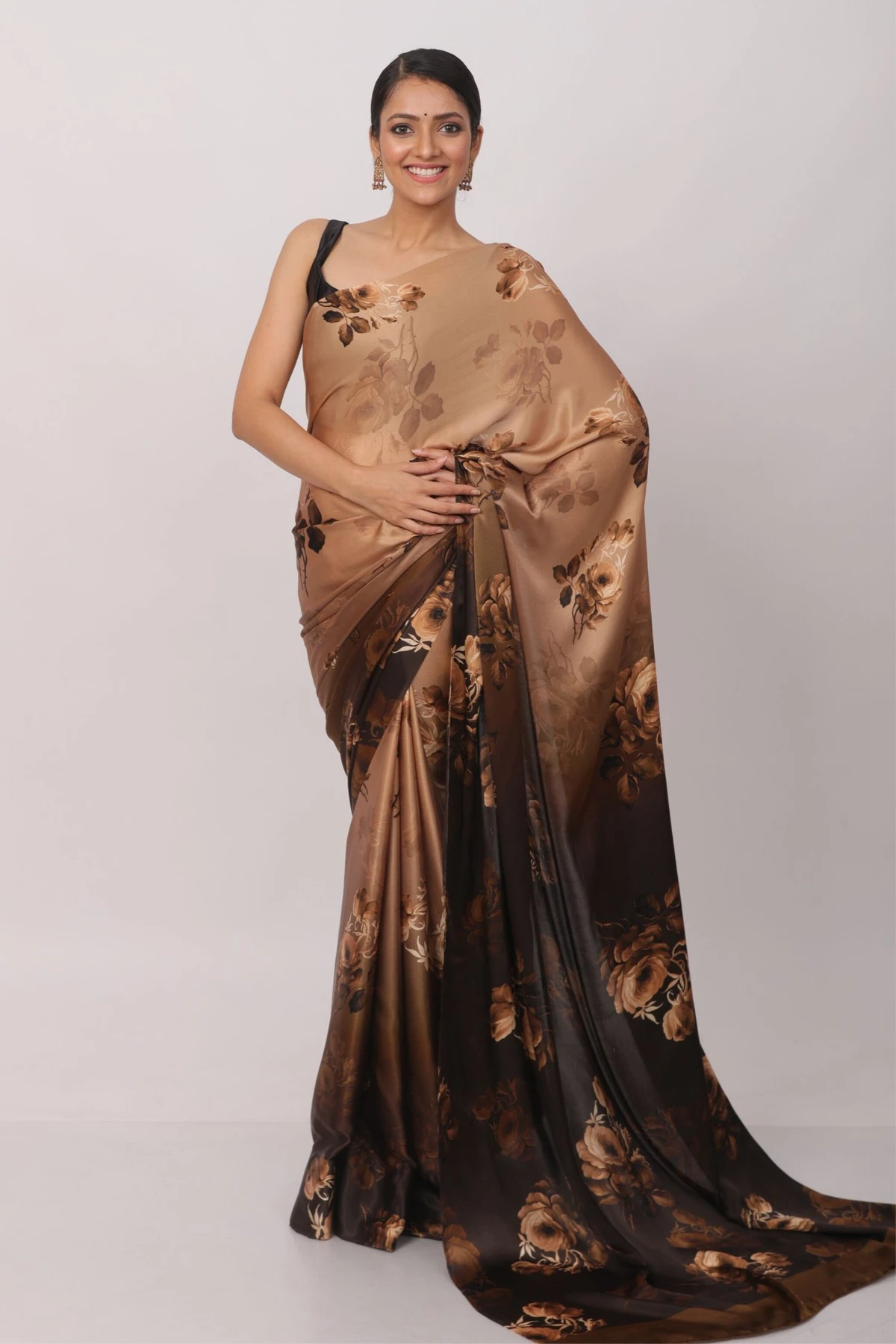 Floral Printed Heavy Satin Sarees With Plain Blouse
