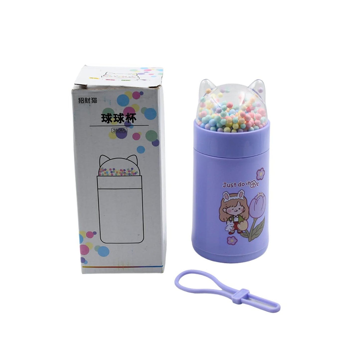 350ml Girls’ Glass Water Bottle Sparkle Strap & Cat Lid