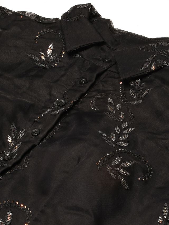 Bollywood Vogue Ready To Wear Black Embroidered Organza Tiered Style Gown
