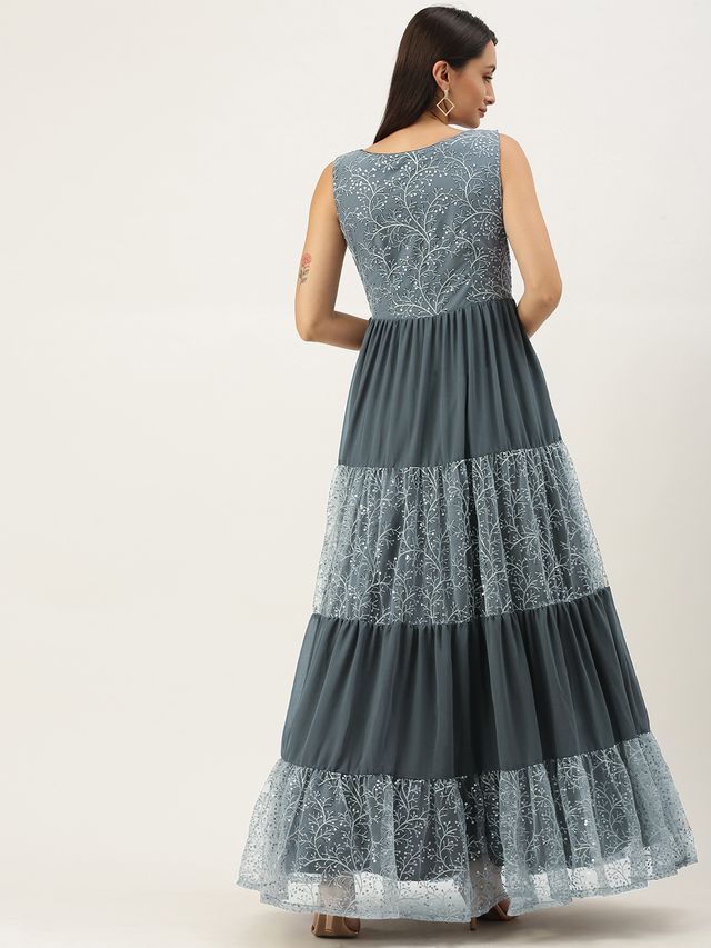 Bollywood Vogue Ready To Wear Grey Embroidered Net Tiered Gown