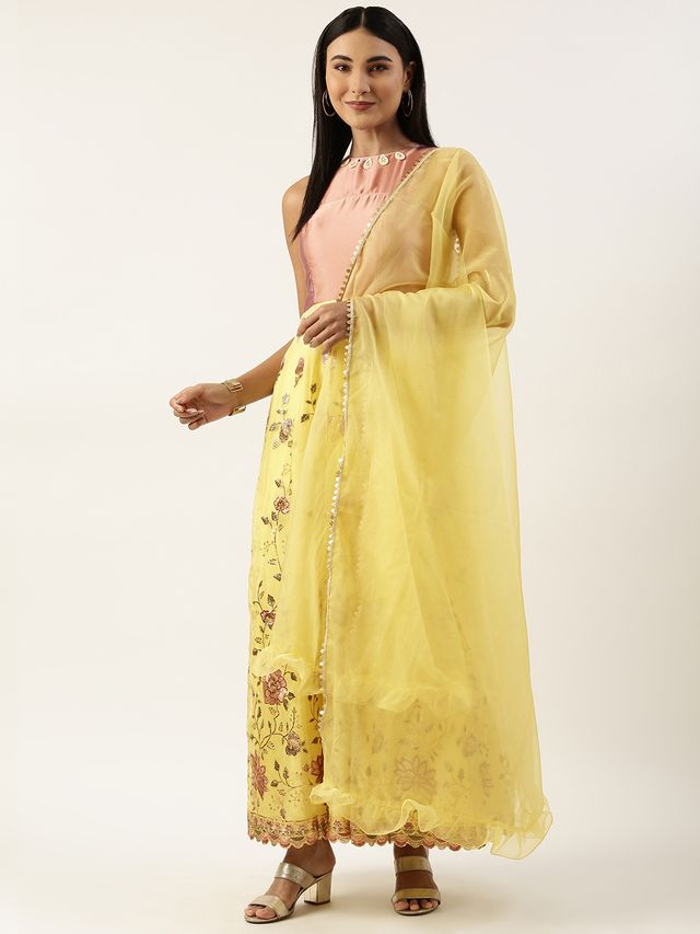 Bollywood Vogue Ready To Wear Yellow Organza Embroidered Anarkali Suit