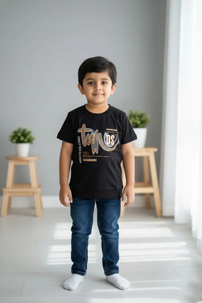 Boy's Cotton Blend Printed T-Shirt - Black - View 3