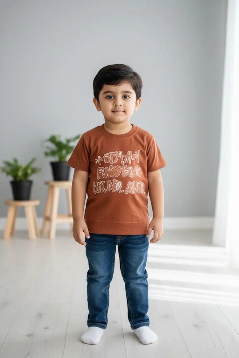 Boy's Cotton Blend Printed T-Shirt - Brown - View 3