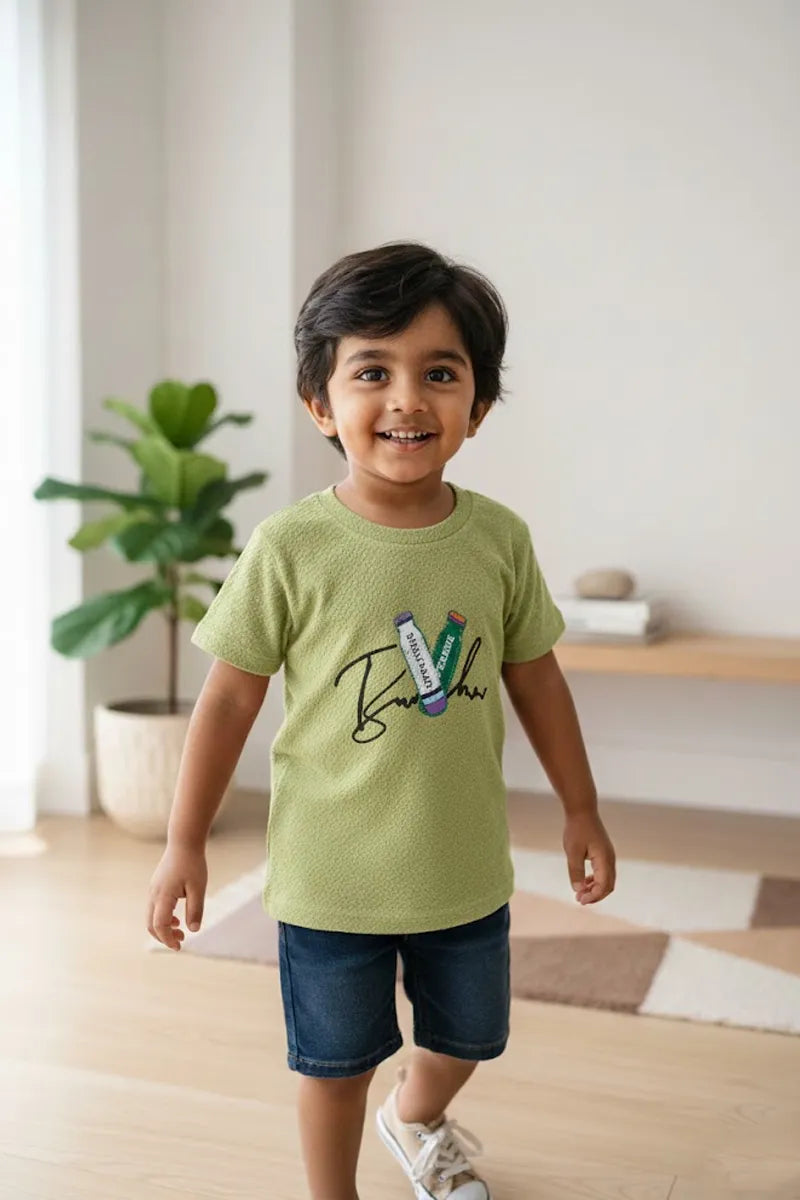 Boy's Cotton Blend Printed T-Shirt - Olive - View 3