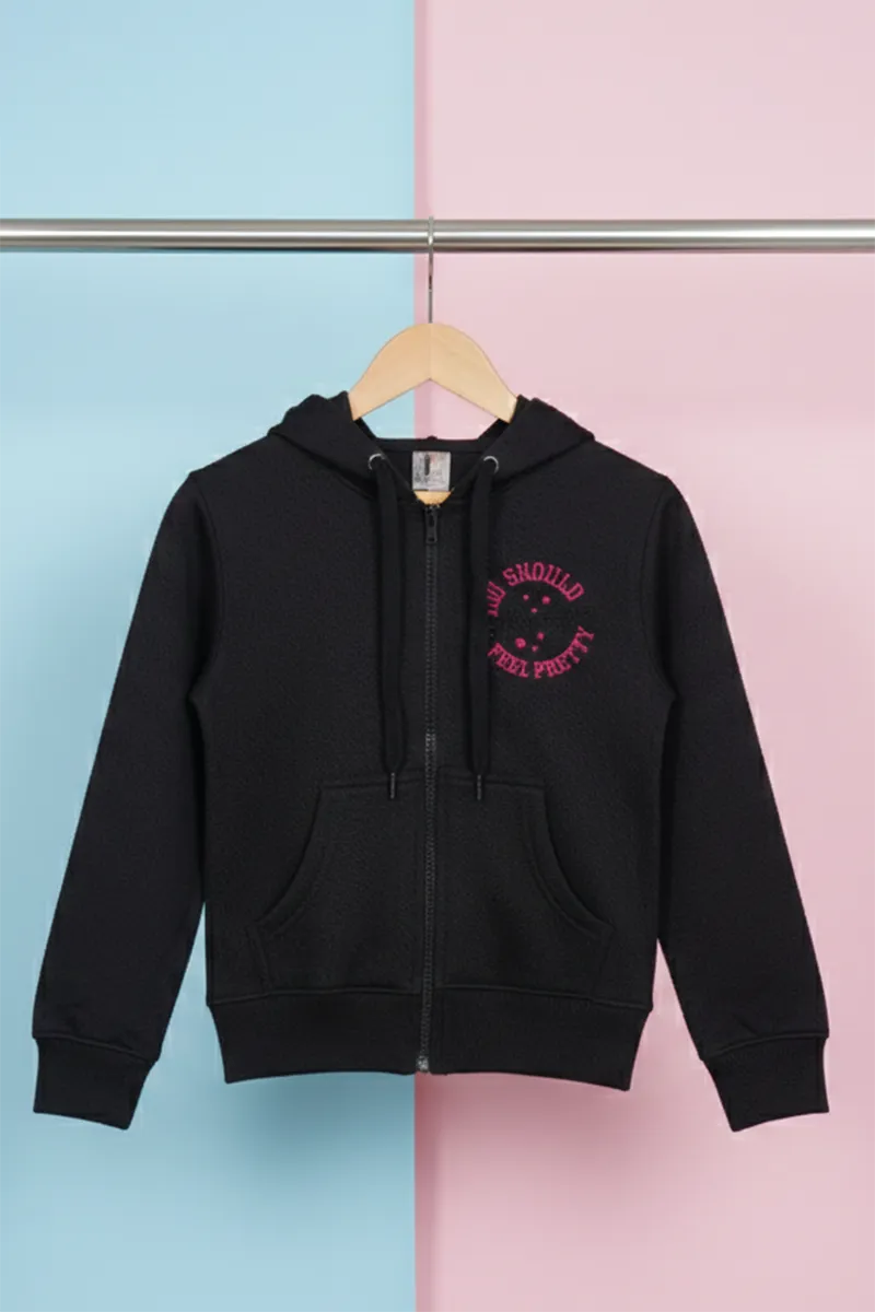 Cotton Blend Solid Casual Hoodie for Girls - Black - View 3