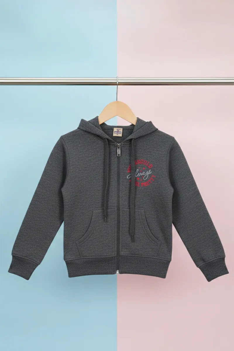 Cotton Blend Solid Casual Hoodie for Girls - Dark Grey - View 7