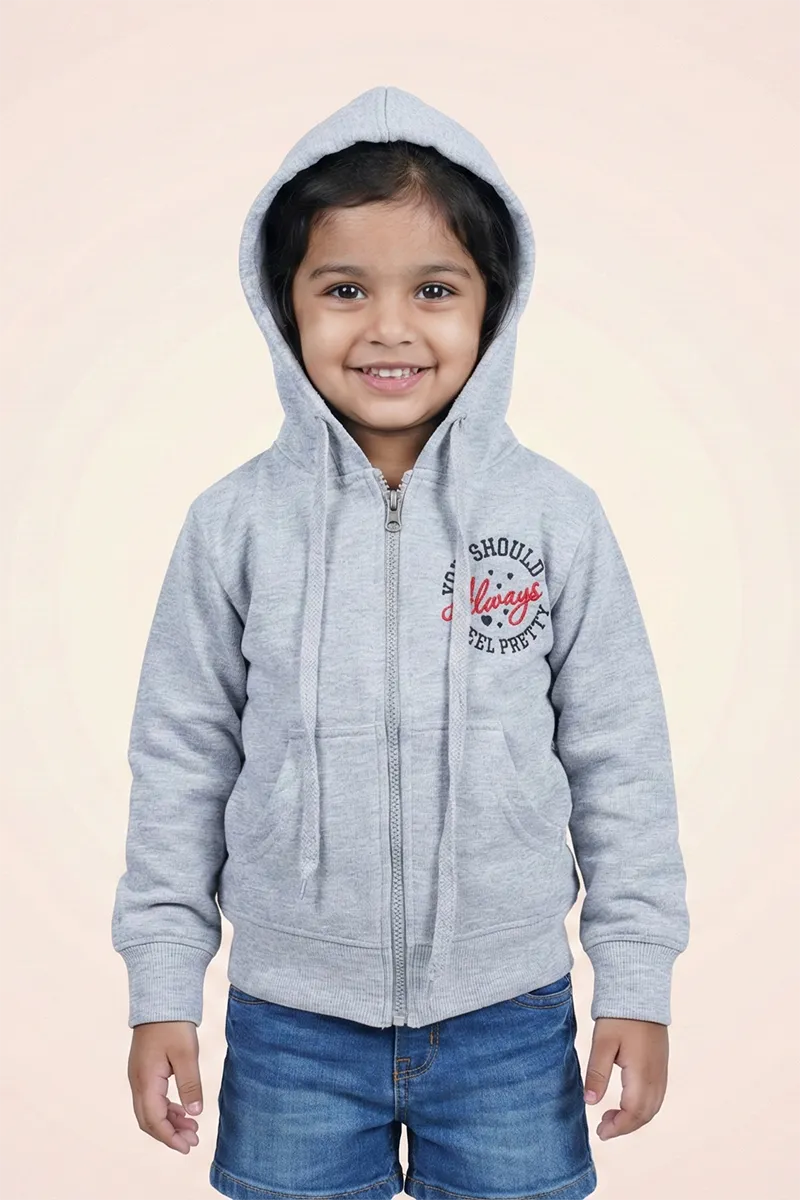 Cotton Blend Solid Casual Hoodie for Girls - Grey - View 11
