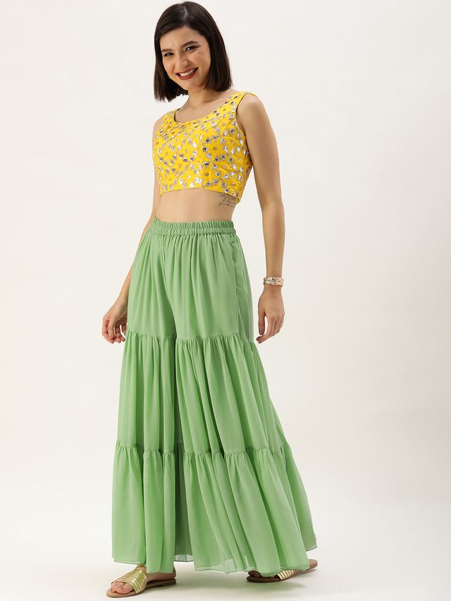 Bollywood Vogue Ready To Wear Yellow N Green Embroidered Sharara Suit