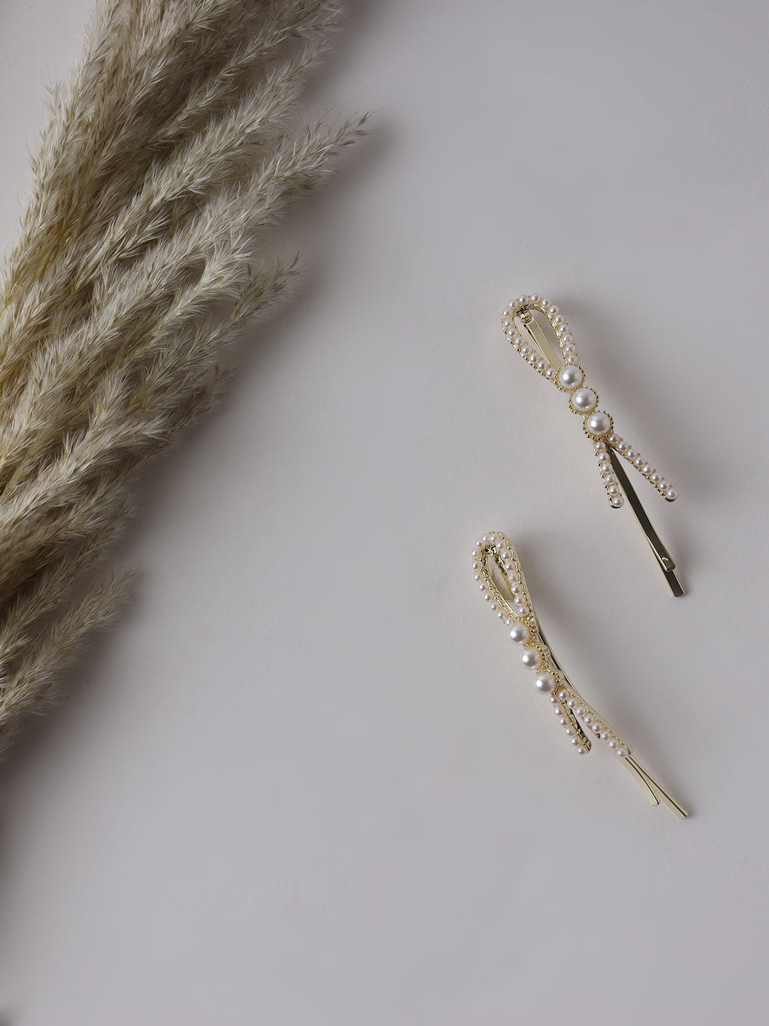 Set Of 2 Gold-Plated Off-White Gold Beaded Handcrafted Hair Clips