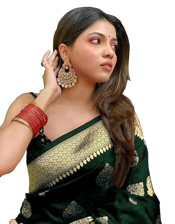 AXONIT Jacquard Silk Saree with Heavy Golden Zari Butta & Antique Gold Border