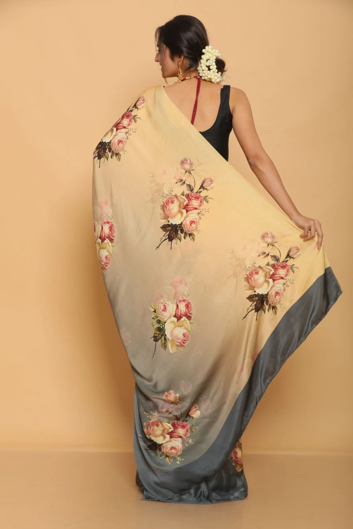 Floral Printed Heavy Satin Sarees With Plain Blouse
