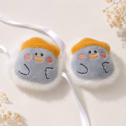 Adorable Plush Penguin Brooch Rakhi with Soft Faux Fur and Ribbon - Set of 2