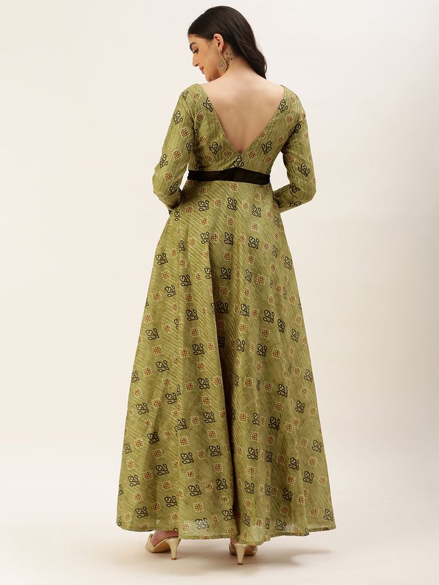 Bollywood Vogue Ready To Wear Green Printed Art Silk Cotton Gown