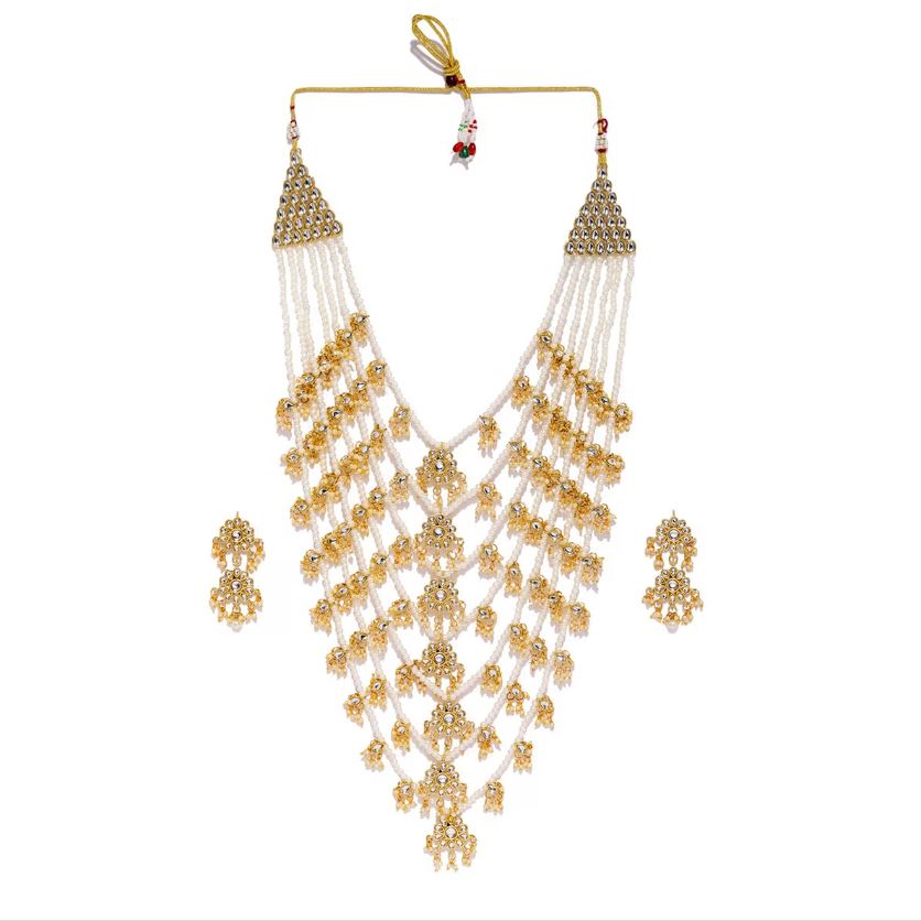 Gold-Plated White Kundan-Studded & Pearl Beaded Jewellery Set