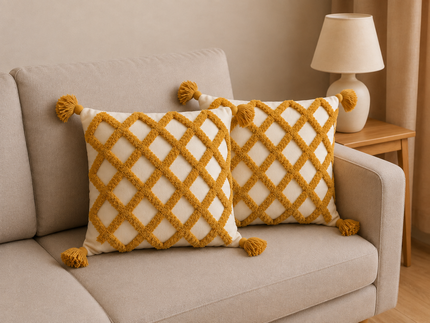 Tufted Cotton Cushion Cover 16x16 Inches Set Of 2 – Yellow | Soft Decorative Sofa Pillow Cover with Hidden Zipper