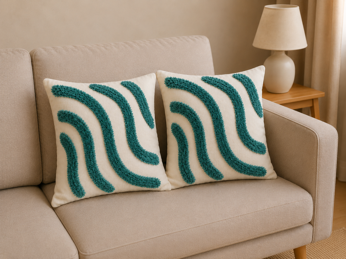 Tufted Cotton Cushion Cover 16x16 Inches Set Of 2 – Blue | Soft Decorative Sofa Pillow Cover with Hidden Zipper