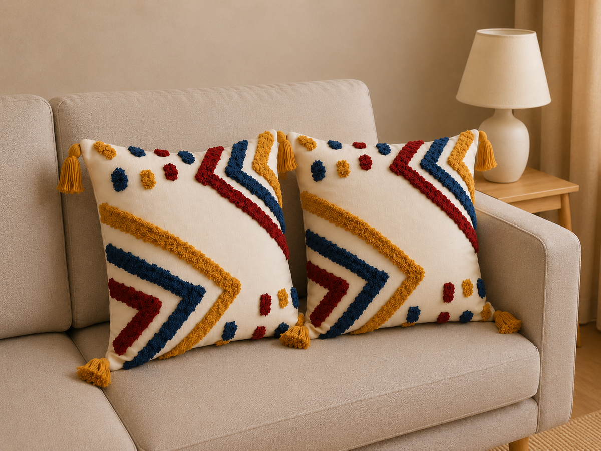 Tufted Cotton Cushion Cover 16x16 Inches Set Of 2 – Multicolor (Design 2) | Soft Decorative Sofa Pillow Cover with Hidden Zipper
