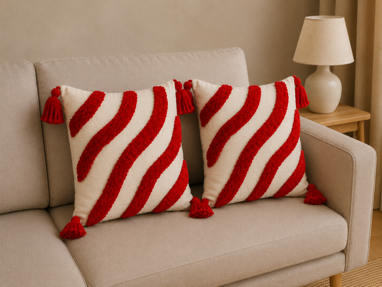 Tufted Cotton Cushion Cover 16x16 Inches Set Of 2 – Red | Soft Decorative Sofa Pillow Cover with Hidden Zipper