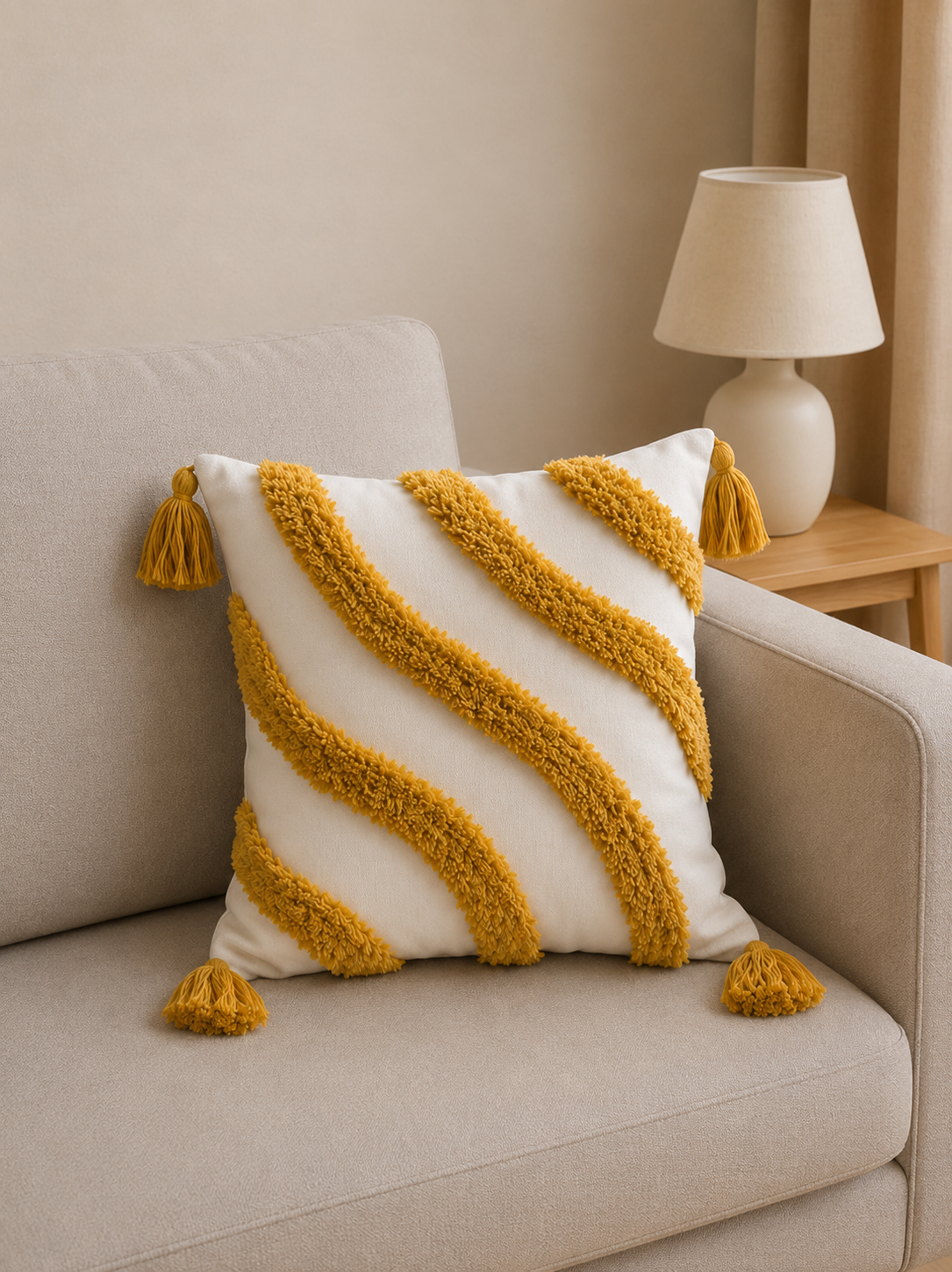 Tufted Cotton Cushion Cover 16x16 Inches Set Of 2 – Yellow (Design 2) | Soft Decorative Sofa Pillow Cover with Hidden Zipper