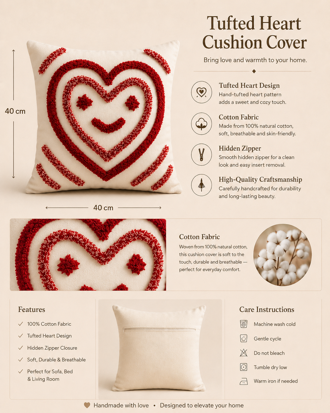 Tufted Cotton Cushion Cover 16x16 Inches Set Of 2 – Peach | Soft Decorative Sofa Pillow Cover with Hidden Zipper