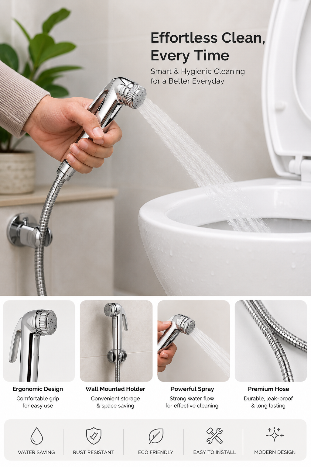 Essco Hand Shower (Health Faucet) (ABS Body) with 8mm dia, 1 Meter Long Flexible Tube & Wall Hook ALE-CHR-593