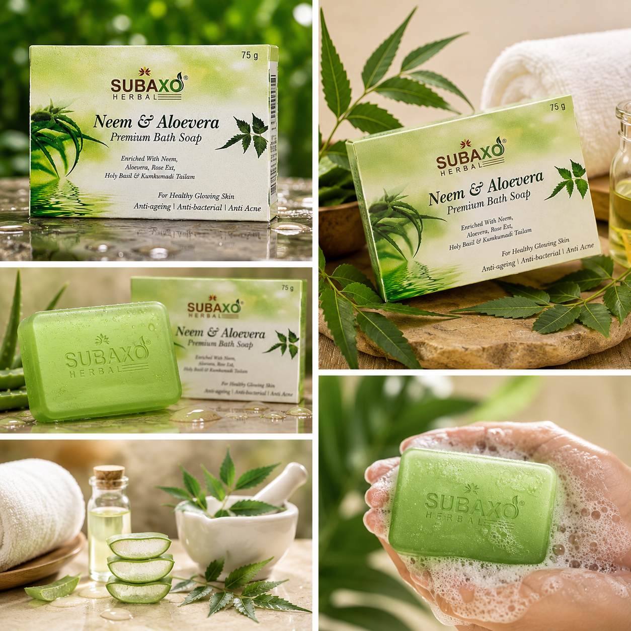 SUBAXO Neem & Aloevera Bath Soap Premium for Glowing Skin Anti Acne & Pimple Fighting Soap (9*75g Each, Pack Of 9)