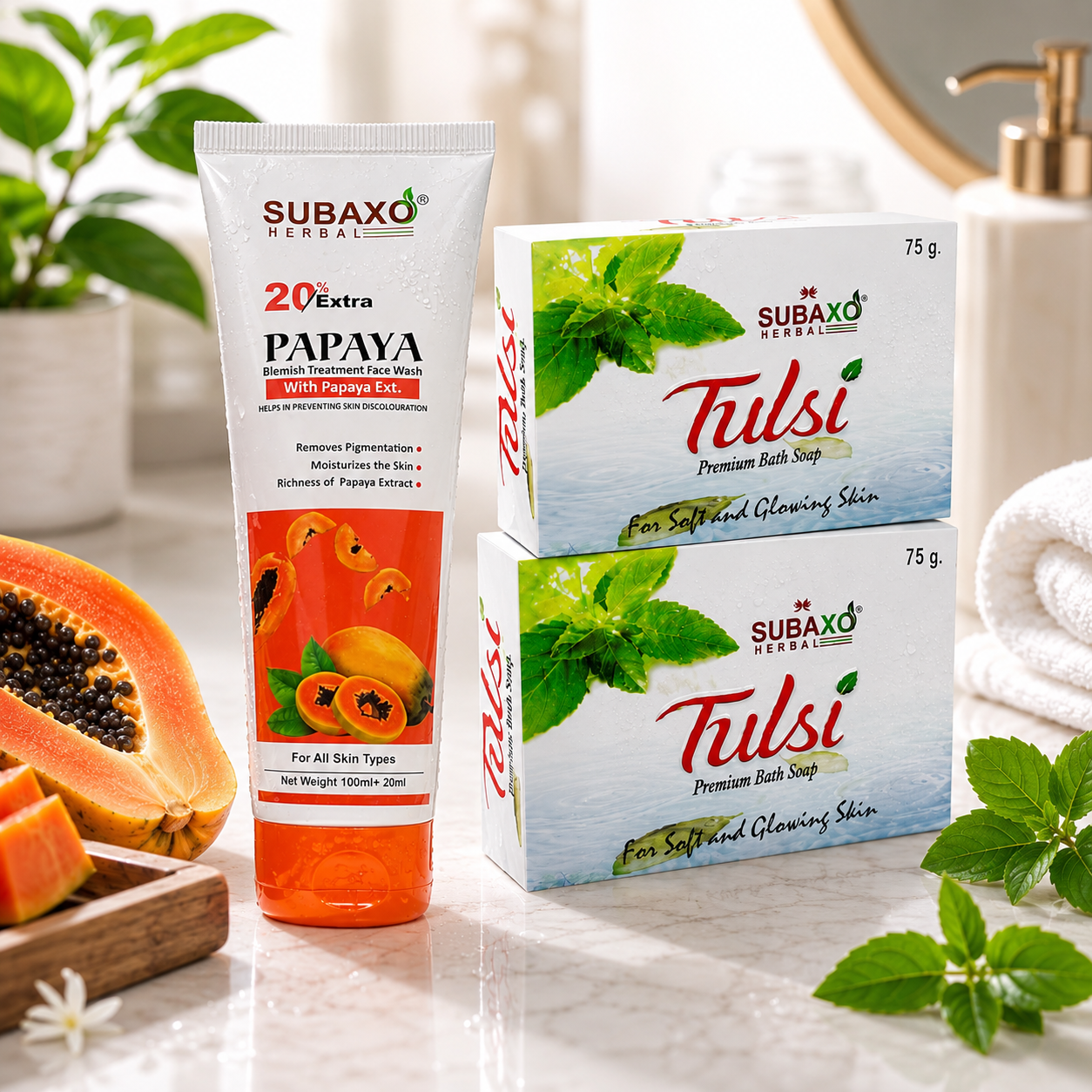 Subaxo Tulsi Bath Soap (75 g Each, Pack Of 2) & Papaya Herbal Face Wash (120ml,Combo)