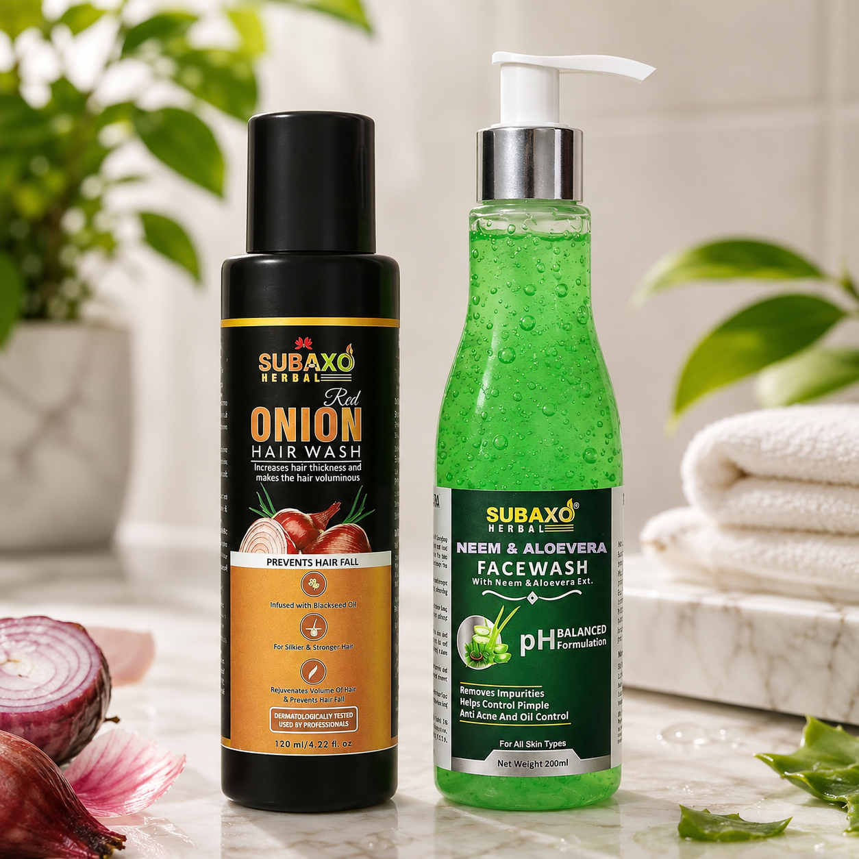 SUBAXO Red Onion Shampoo, Hair Wash, Herbal Shampoo (120ml) and Neem AloeVera Face Wash, Anti Pimples Face wash (200ml) Combo Pack
