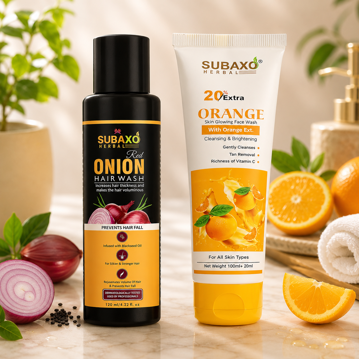 SUBAXO Red Onion Herbal Hair Wash, Onion Shampoo, Herbal Shampoo For Women & Men (120ml) and Orange Herbal Face Wash, Vitamin C facewash (120ml) Combo Pack
