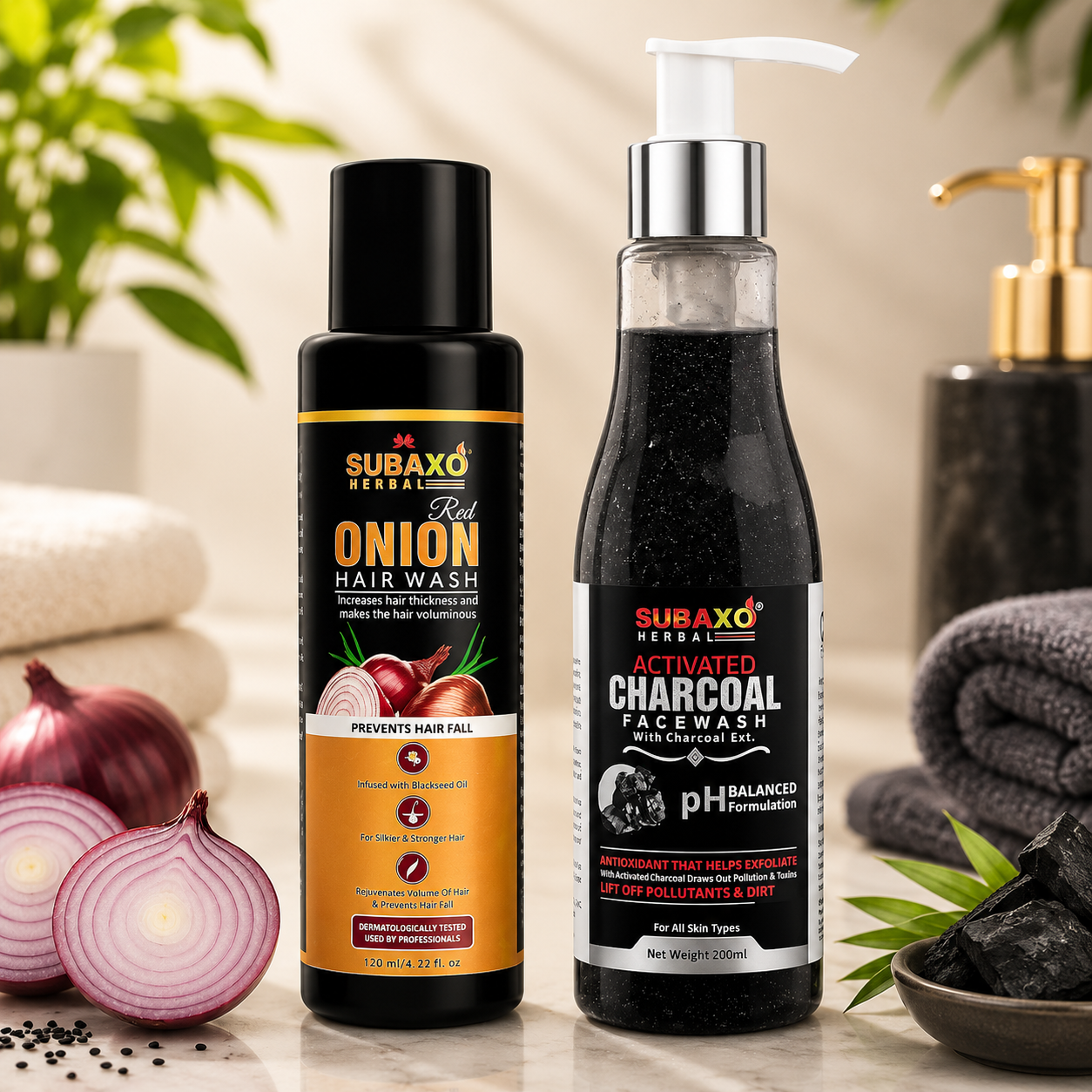 SUBAXO Red Onion Herbal Hair Wash (120ml) and Activated Charcoal Anti-Pollution Face Wash (200ml) Combo