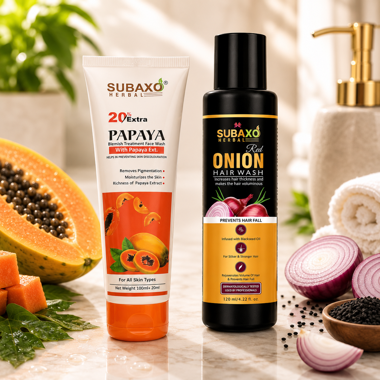 SUBAXO Red Onion Herbal Hair Wash, Onion Shampoo, Hair Fall Control Shampoo (120ml) and Papaya Face Wash, Herbal Facewash for women & men (120ml)Combo pack