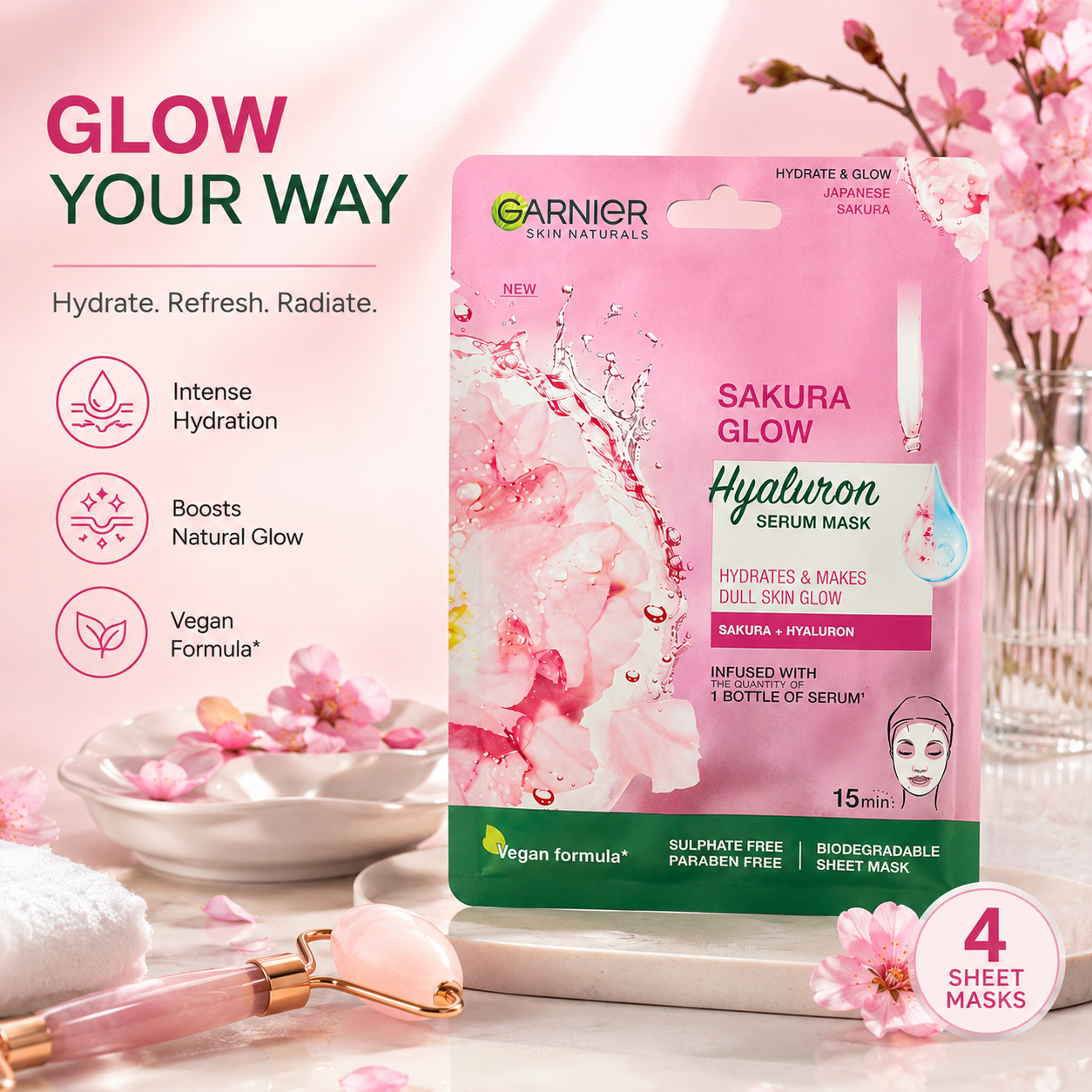 Garnier Sakura Glow Serum Mask, 28 gm each (Pack of 4)