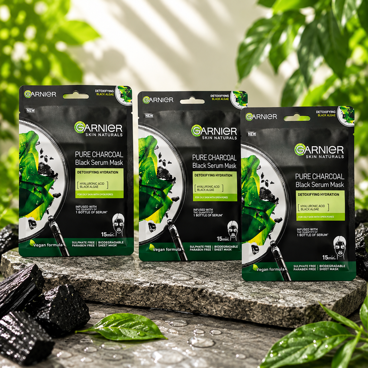 GARNIER Skin Naturals, Charcoal, Face Serum Sheet Mask, Purifying and Hydrating each 28 g (Pack of 4)