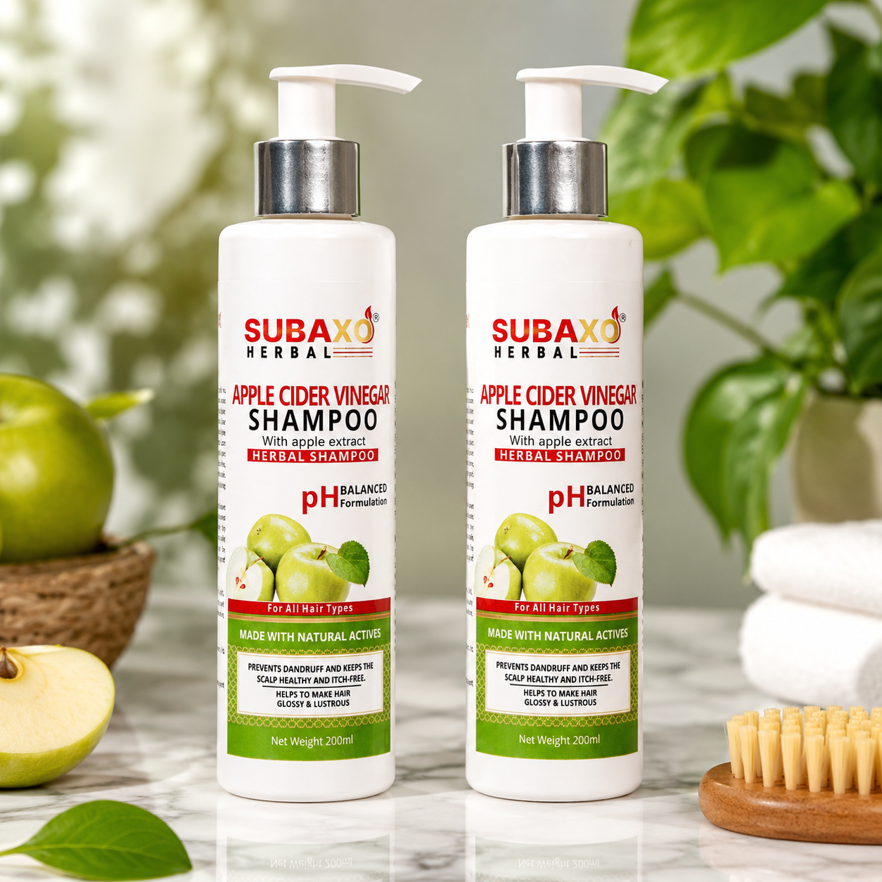 SUBAXO Apple Cider Vinegar Herbal Shampoo, Prevent Dandruff, Make Hair Glossy & Lustrous (200ml - Pack Of 2)
