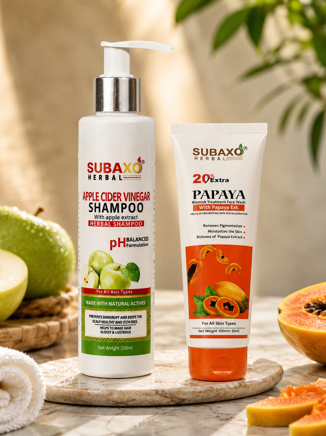 SUBAXO Apple Cider Vinegar Shampoo (200 ml) & Papaya Herbal Face Wash (120 ml)