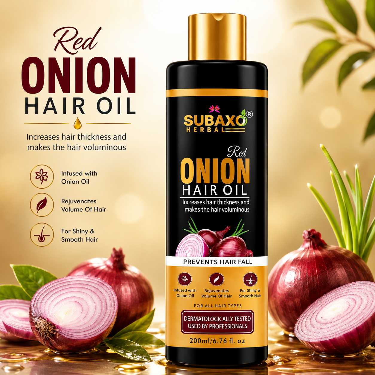 SUBAXO Red Onion Hair Oil, Herbal Hair Oil, Prevent Hair Fall & Strengthen Hair, (200ml)