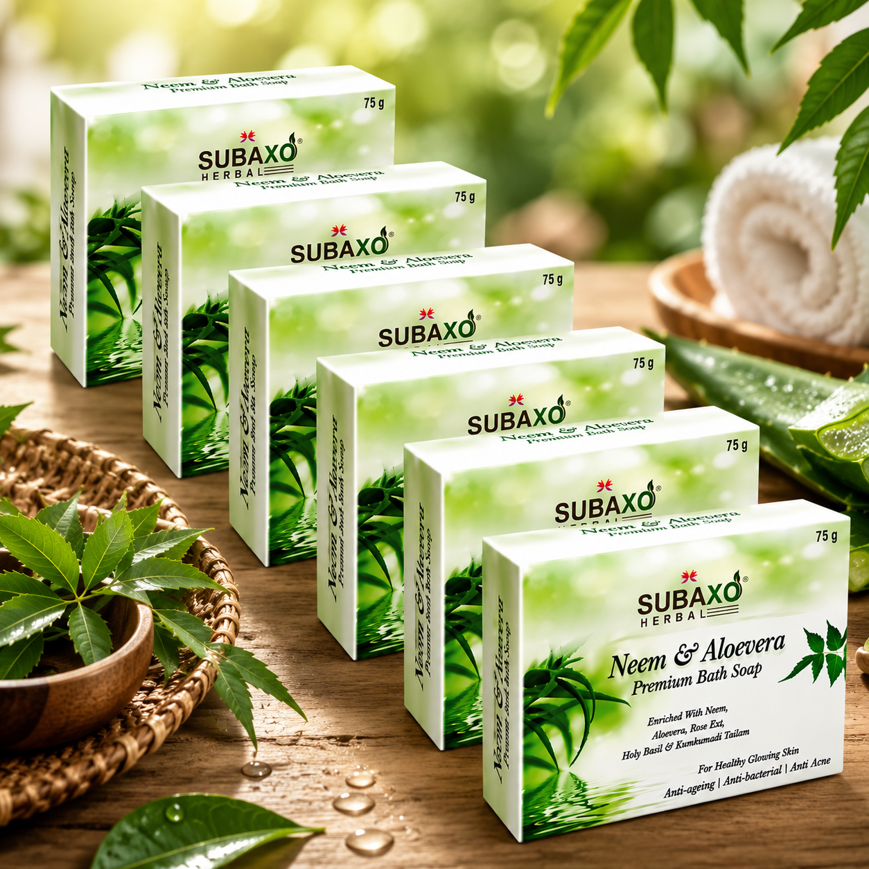 SUBAXO Neem & Aloevera Bath Soap Premium for Glowing Skin Anti Acne & Pimple Fighting Soap (6*75g Each, Pack Of 6)