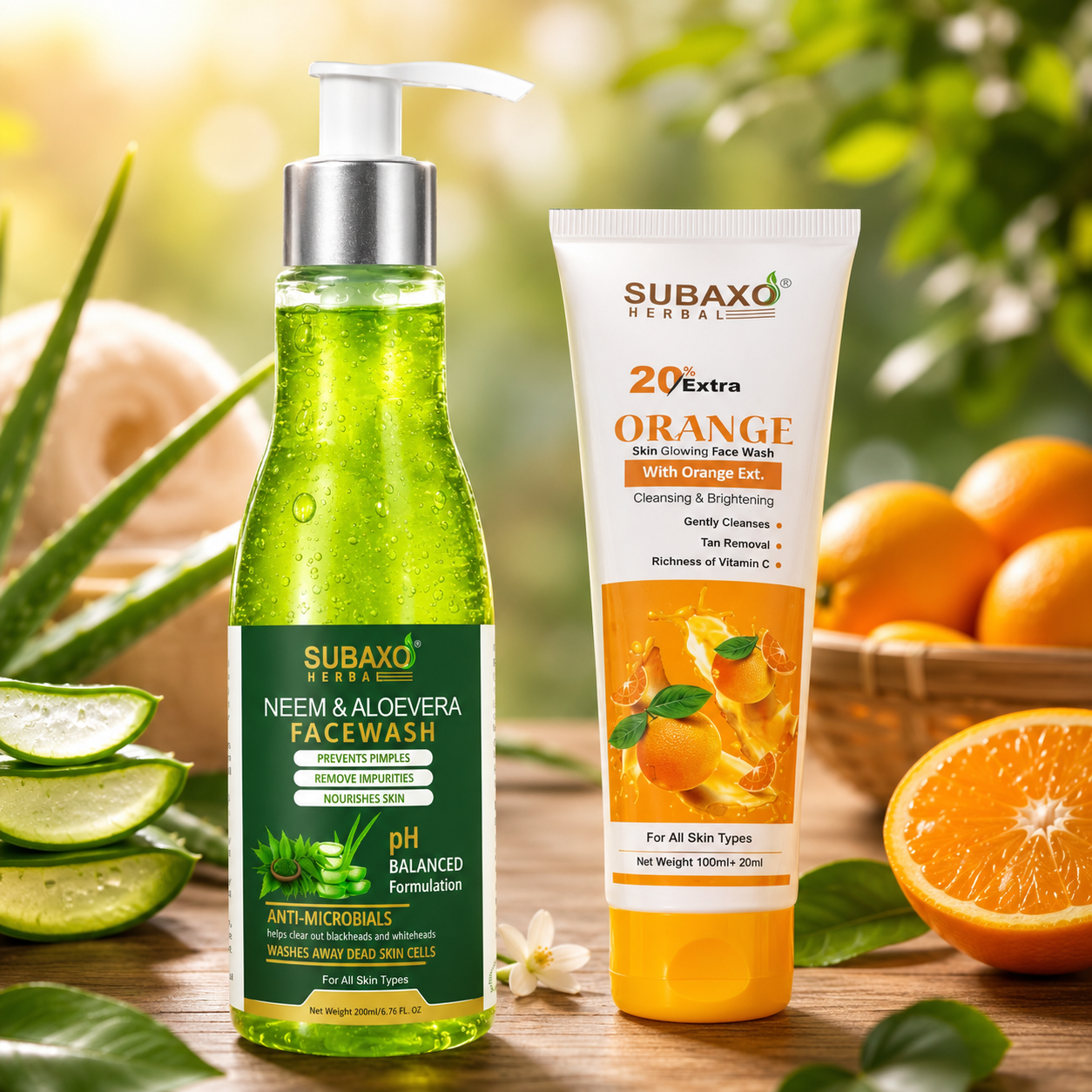 SUBAXO Neem Aloe Vera Face Wash, Anti Pimples Facewash, Neem Face Wash (200 ml) & Orange Face Wash, Vitamin C facewash , Tan Removal Face wash (120 ml) Combo Pack