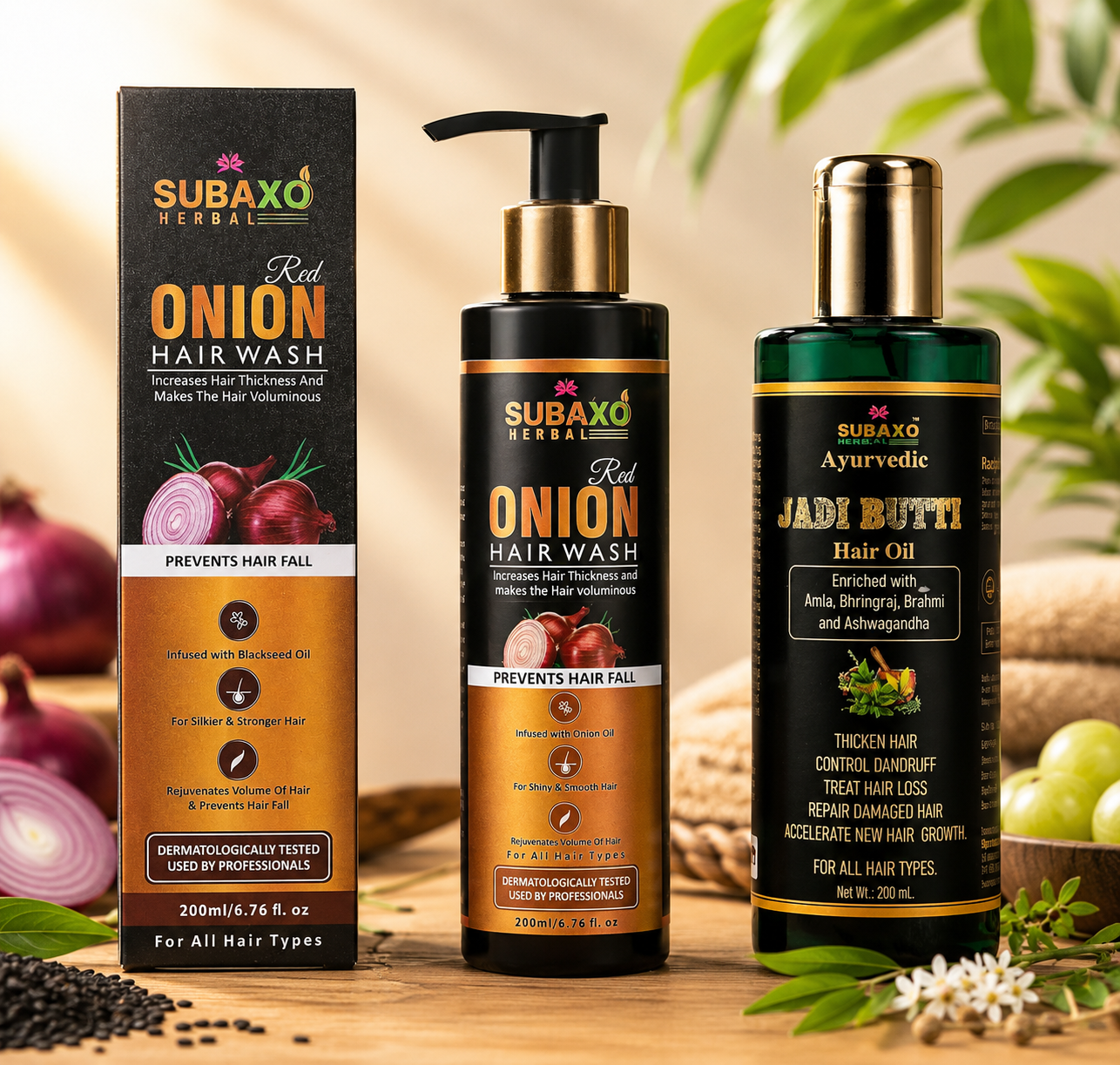 SUBAXO Herbal Red Onion Hair Wash-Herbal Shampoo (200ML)And Herbal Jadi Buti Hair Oil (200ml) Combo